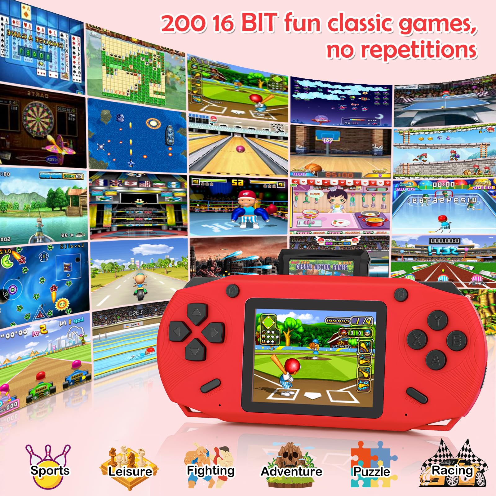 16 Bit Handheld Game for Kids, 3.0'' Large Screen Retro Gaming Player, Preloaded 200 HD Retro Kids Games with 2 Cartridges for Birthday Gift, Video Games for Boys & Girls Aged 4-12(Red)