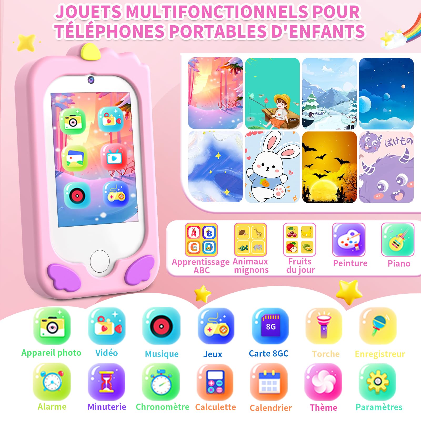 Enfants Jouet de Téléphone Mobile avec Double Caméra d'enfants 2,8 Pouces écran Tactile Apprentissage Téléphone Apprentissage Jouet avec Carte SD Garçon Fille âge 3 4 5 6 7 8 Cadea