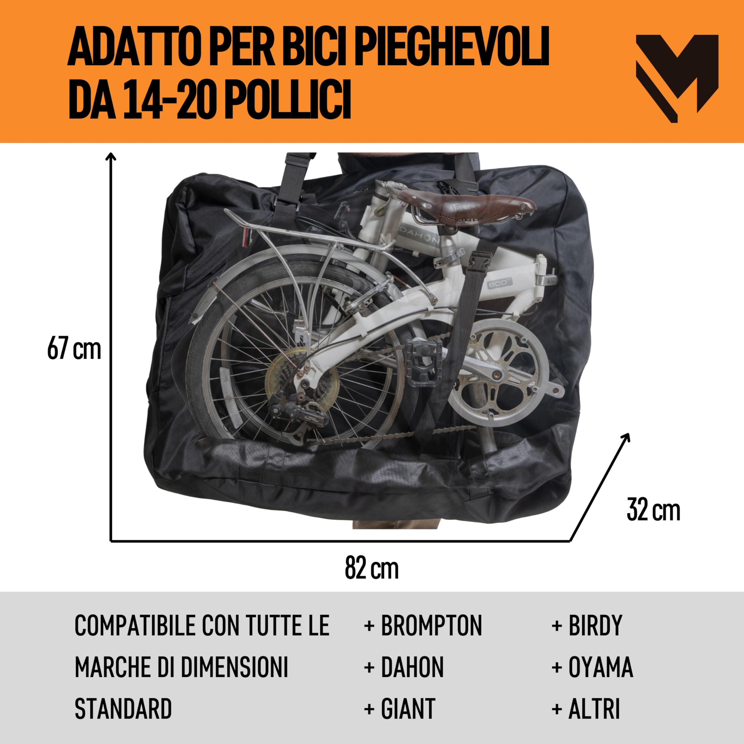 Lamaki Borsa Pieghevole 14-20 Pollici per Bici - Adatta a Brompton, Dahon, Tern, B'twin - Premium Sacca Trasporto - Telo Copri in Nylon 1680D Con Cerniera Metallica - Custodia per Bicicletta