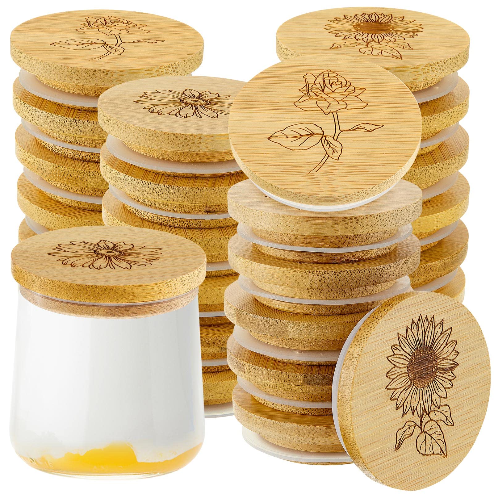 Lot De 20 Couvercles En Bambou 80 Mm - Joint Silicone, Aération - Pour Pots De Yaourt, Conservation