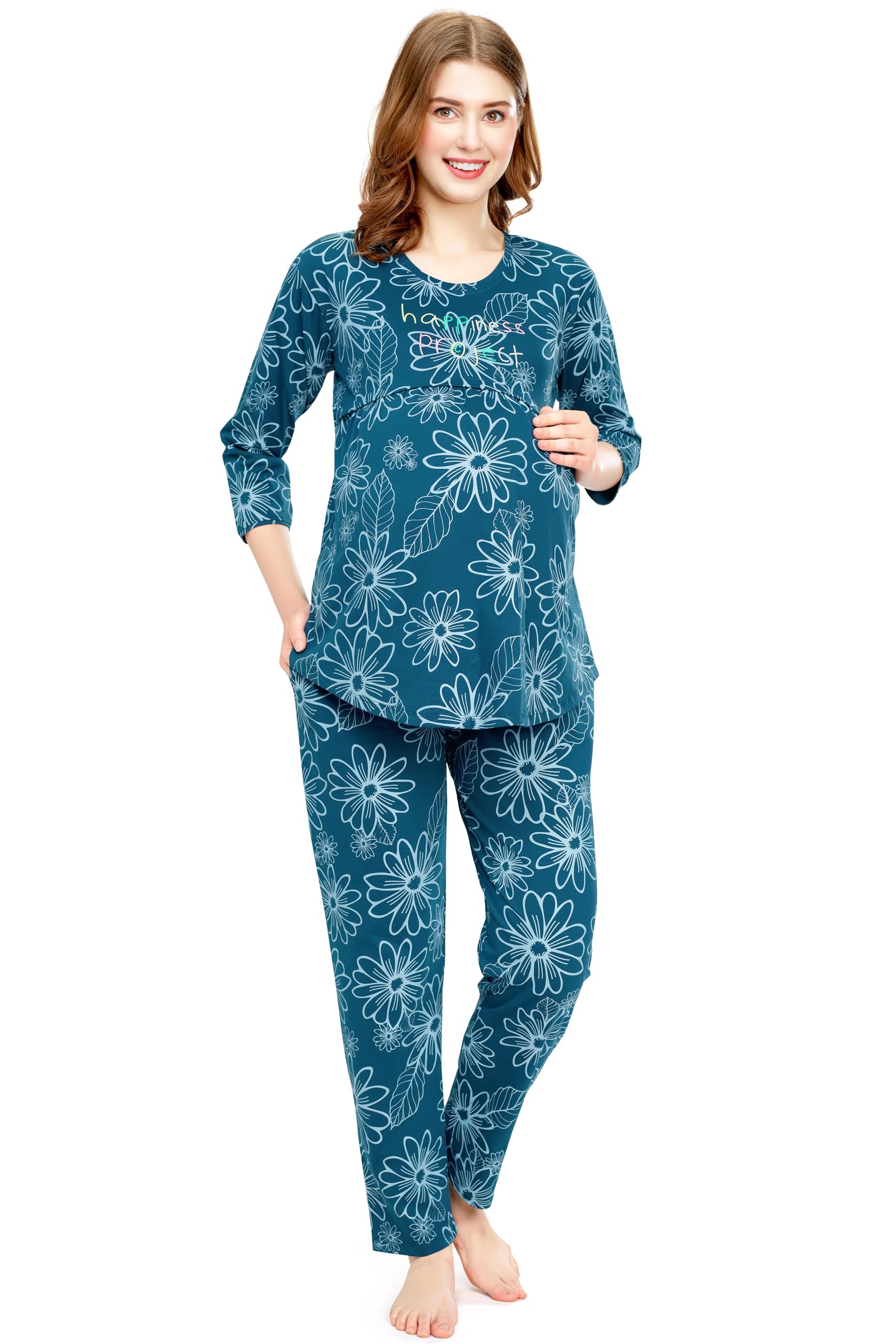zeyo Women's Cotton Floral Printed Nursing & Maternity Night Suit Set Of Top & Pajama Set Feeding Night Dress 5803-picture-45
