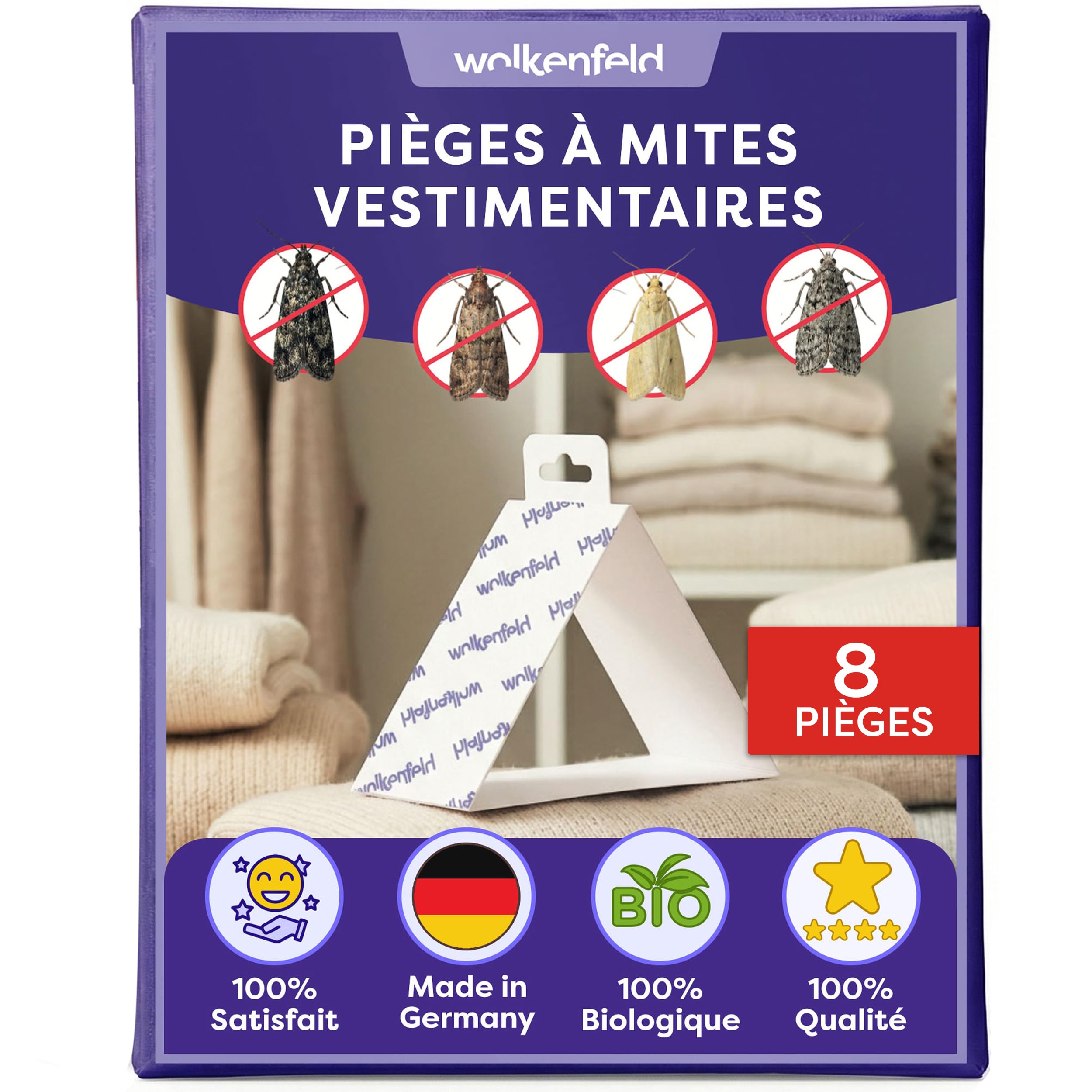 Wolkenfeld Anti Mites Textiles Piège à Mites Vêtements Adhésifs 8 Pièges Laine Cachemire 100% Naturel Fabriqué Allemagne