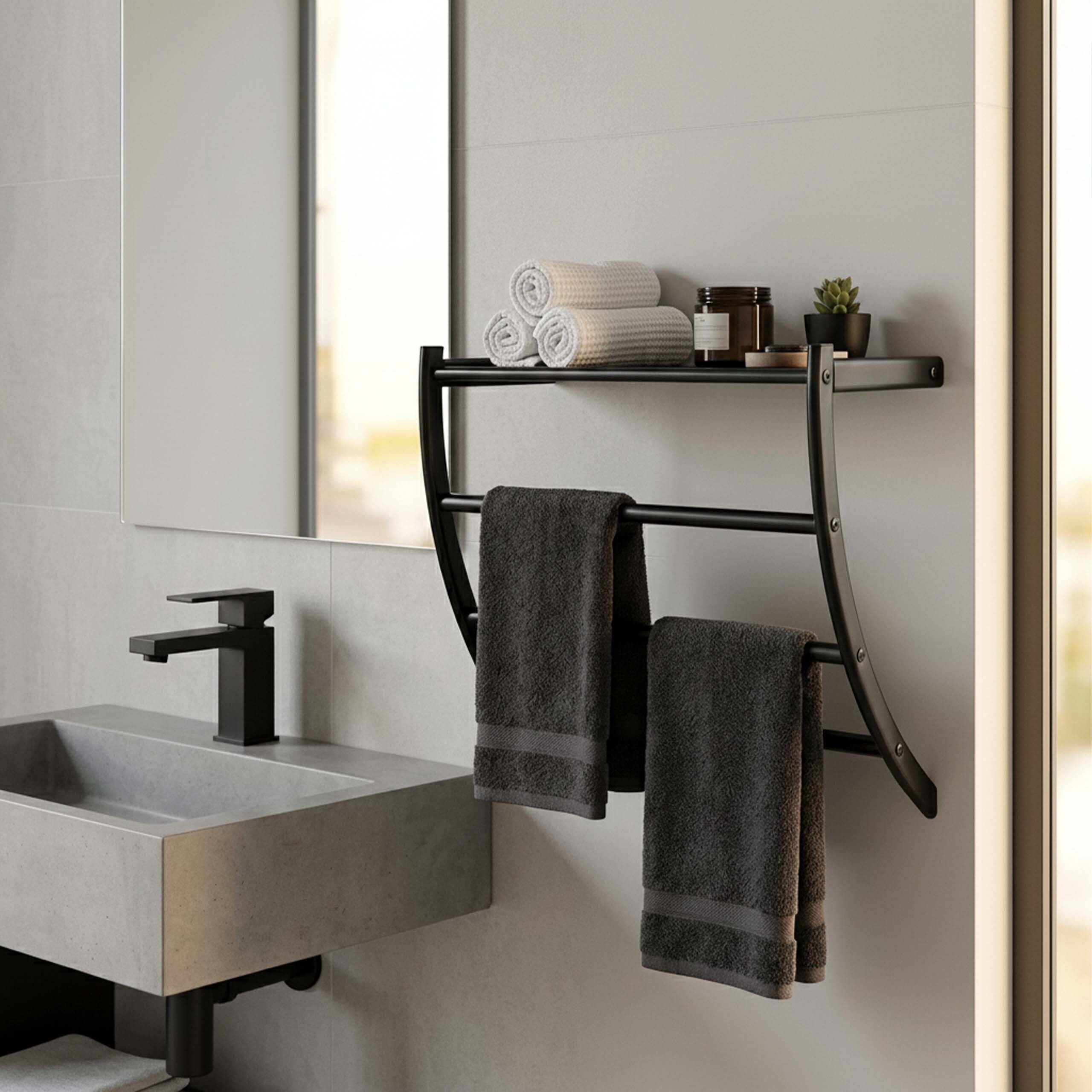 Relaxdays Portasciugamani da Parete, HLP 44 x 56,5 x 23 cm, Mensola da Bagno con 3 Aste per Asciugamani e Ripiano, Nero
