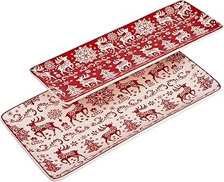 Bico Holly Jolly Ceramic 14 inch Rectangular Serving Platter, Set of 2, for Serving Salad, Pasta, Cheese, Ham, Appetizer, Microwave & Dishwasher Safe