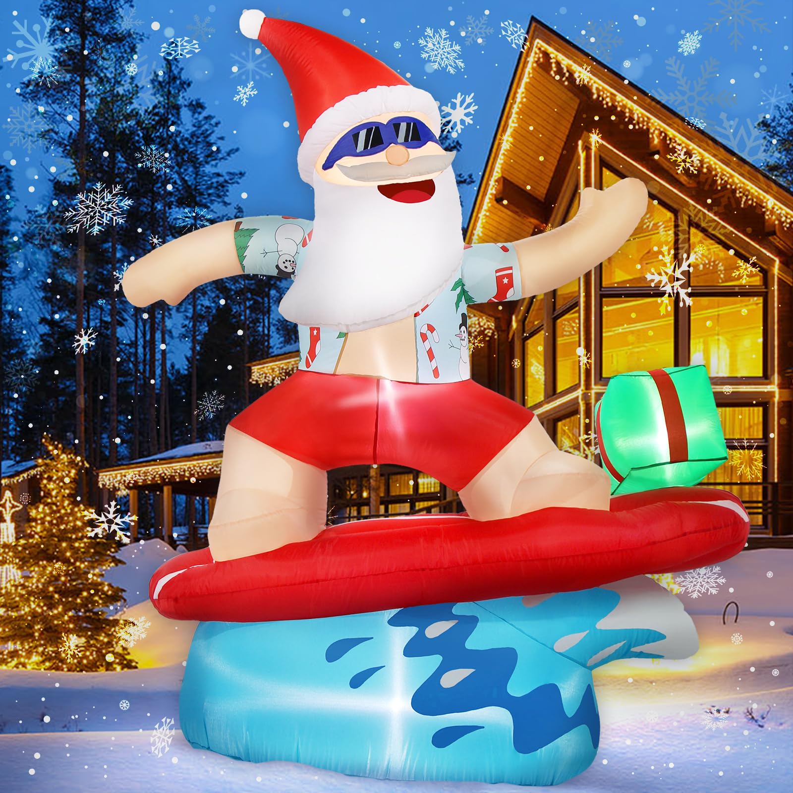 Decoraciones inflables de Navidad para exteriores, 1.8 m, gigante, para surf, Papá Noel, patio, inflables, playa tropical, luces LED, decoración para vacaciones, exteriores, césped, vacaciones
