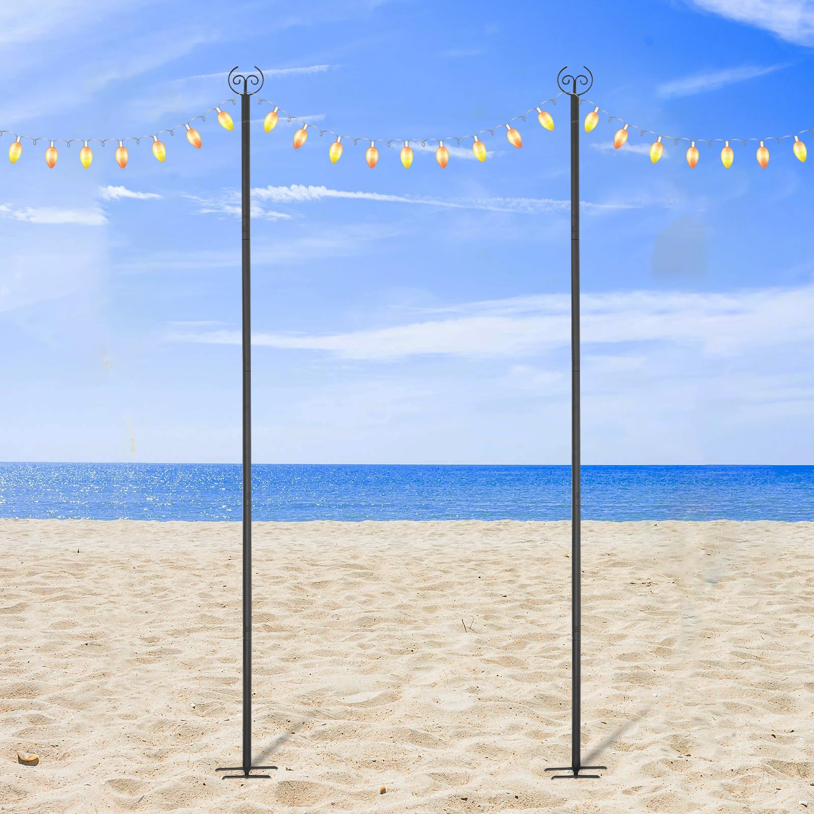 Set di 2 supporti per catena luminosa, 3 m, per esterni, supporto per illuminazione regolabile con doppio gancio, montaggio a pavimento e recinzione, per giardino, terrazza, feste, asta in metallo