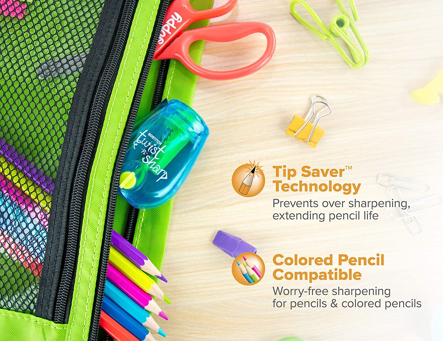 Bostitch Sacapuntas Twist-N-Sharp - Sacapuntas manuales de color pequeño, 6 unidades, cubiertos, de un solo agujero, verde lima, azul y rojo, sacapuntas portátiles de mano con cubierta para niños