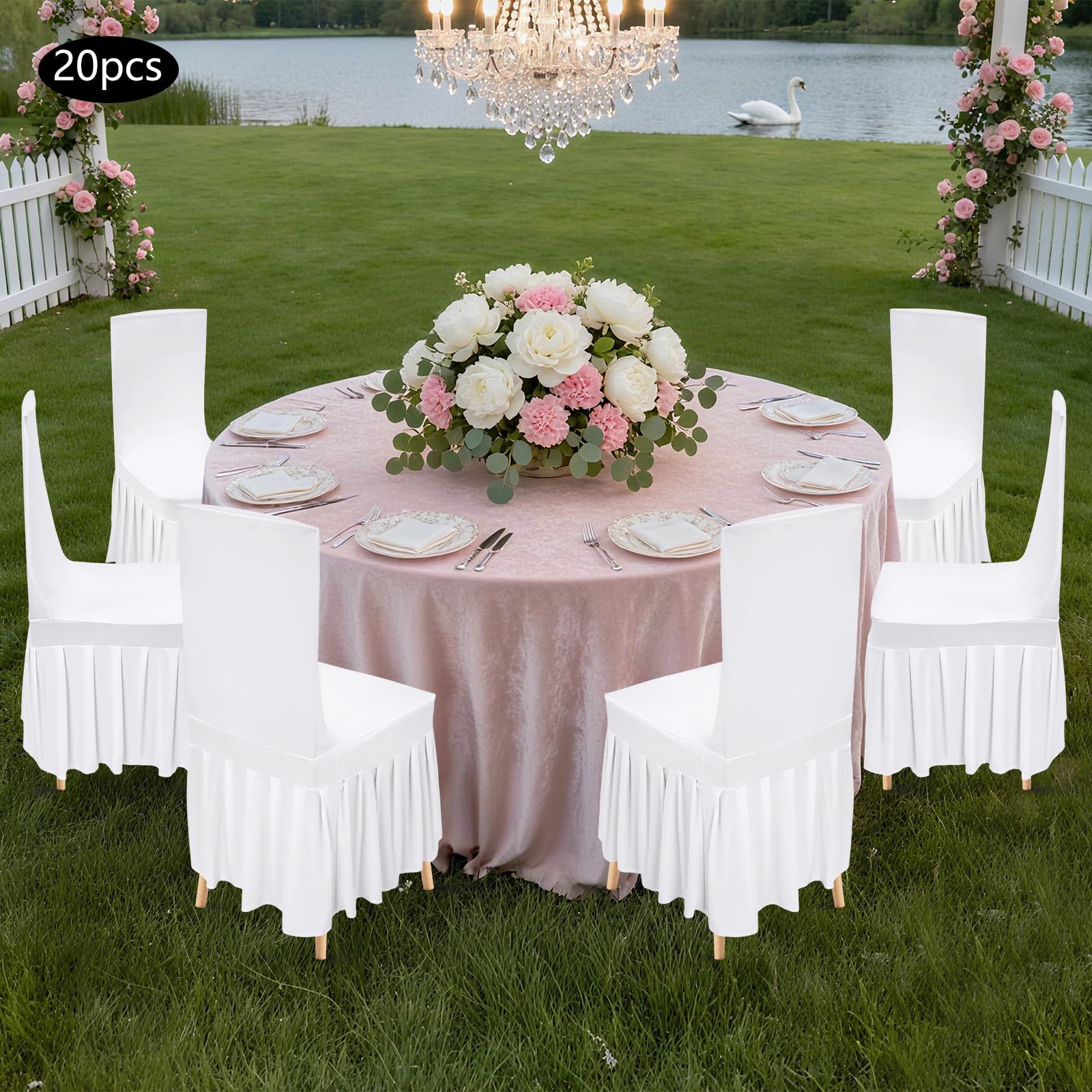 Stuhlhussen mit Skirting Faltenrock Polyester Spandex Universelle Waschbare Stuhlabdeckung Stretch Slipcovers für Hochzeit Party Essen Bankett Stuhl Dekoration, 20 Stück