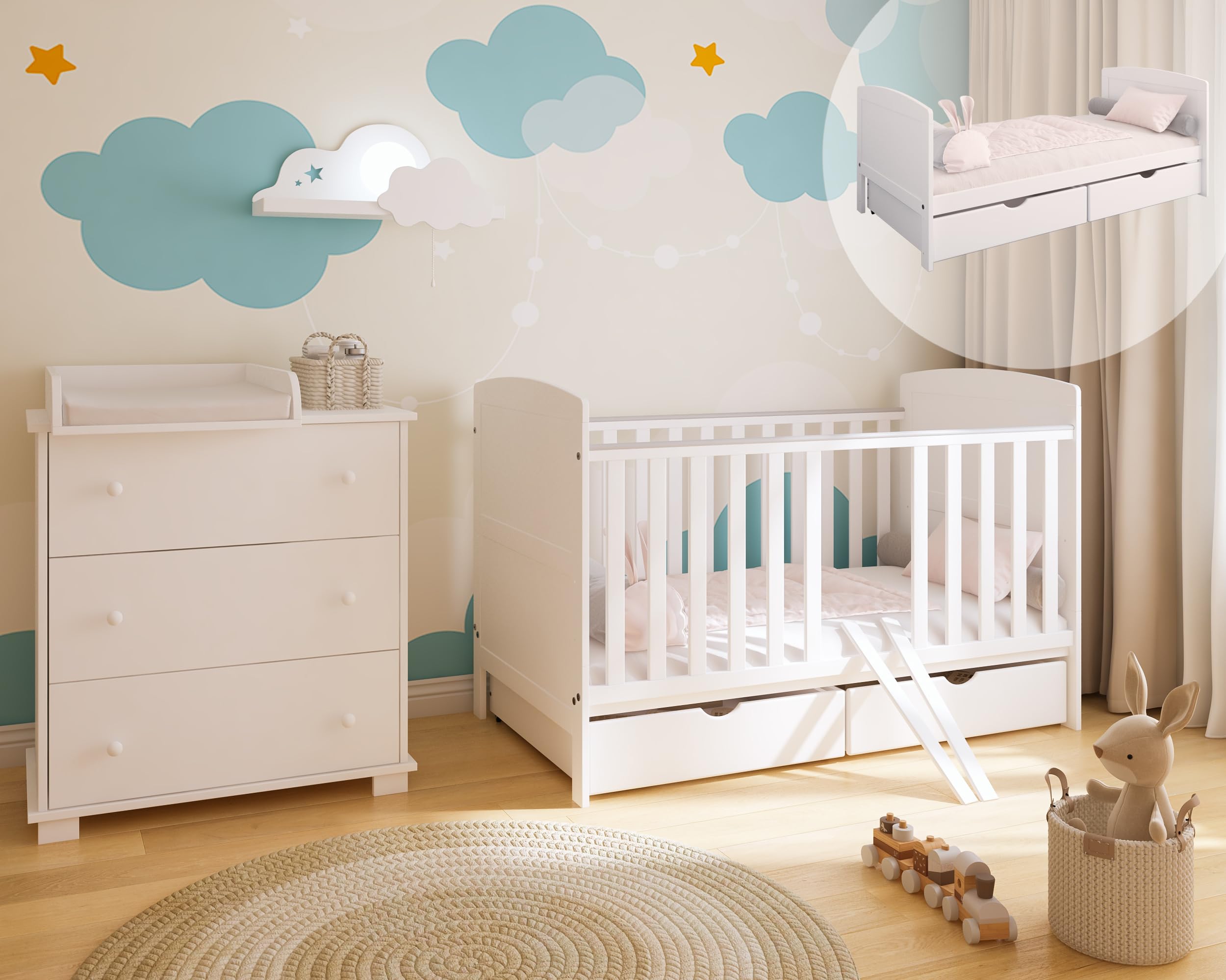 zee Cuna Bebé Blanca 140x70 Philip 3 en 1 con Cajones