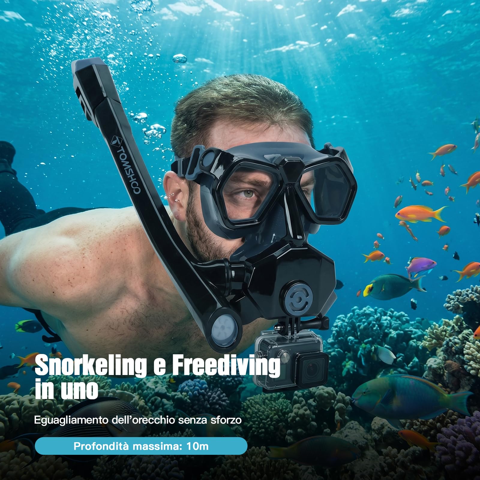TOMSHOO Set da snorkeling con boccaglio e occhiali da immersione, occhiali da immersione, con campo visivo panoramico a 180°, con boccaglio a 3 canali Premium Dry per immersioni e nuoto