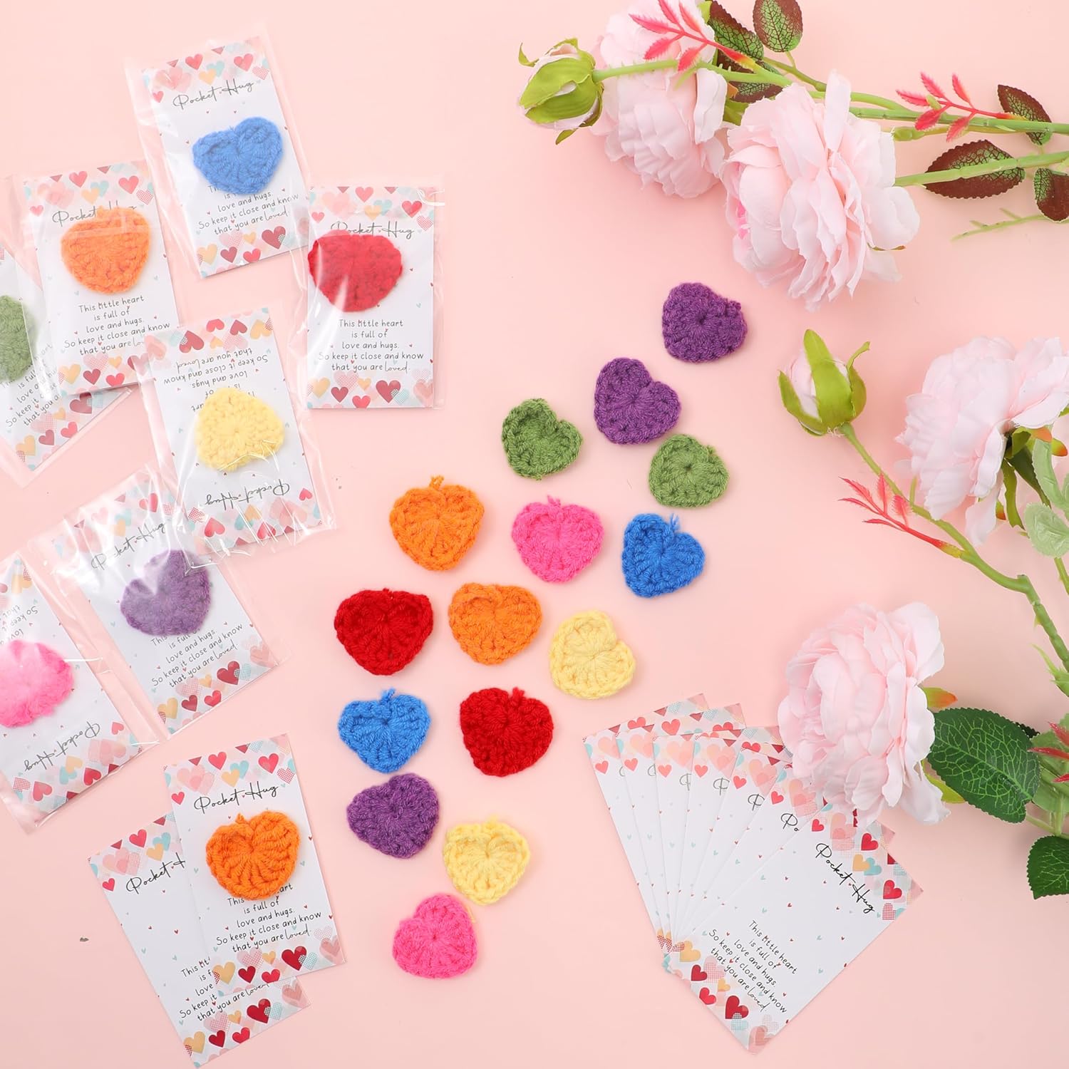 Mindsoft 140 Sets Emotional Cheer Support Gift Bulk Cute Hand Crocheted Pocket Hug Heart Inspirational Cards and Bags Party Favor for Preschool Toddler Boy Girls