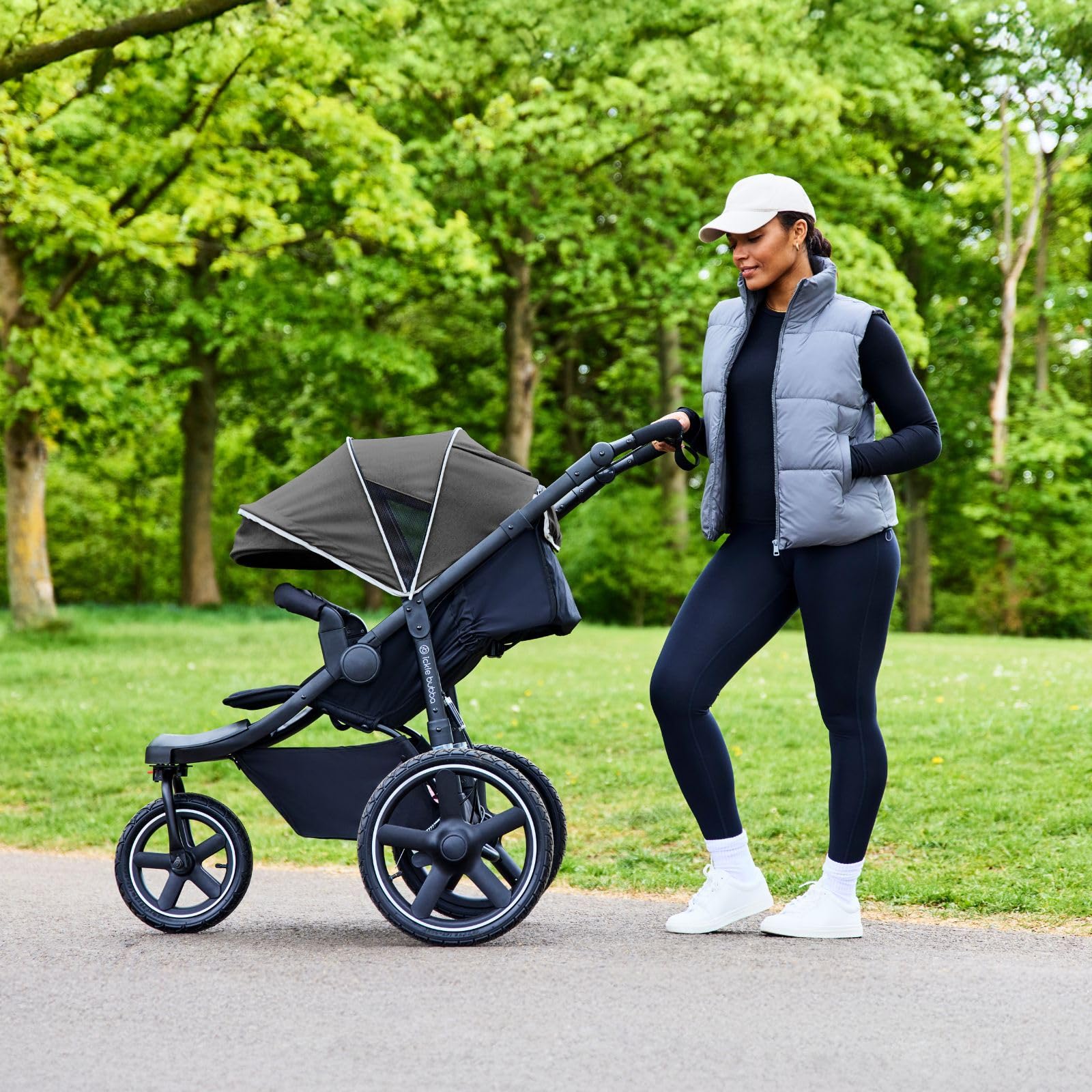 Ickle Bubba Venus Jogger Pro Max Kinderwagen 3-Rad-Geländekinderwagen von Geburt bis 22 kg UPF 50+ Verdeck Luftreifen Anthrazitgrau