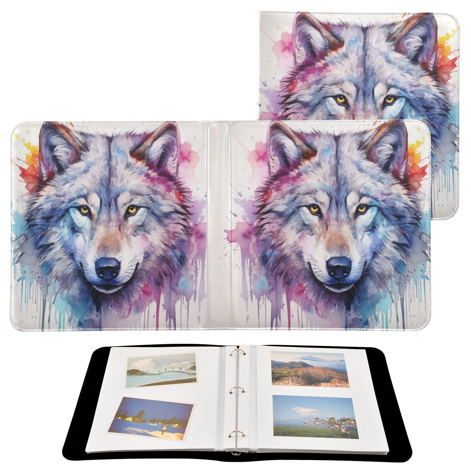 JIPONI Wolf Colorful Large Photo Album, DIY Leather Cover Scrapbook Albums for 4x6 5x7 6x8 Pictures, Self Adhesive Memory Book for Wedding, Baby, Family