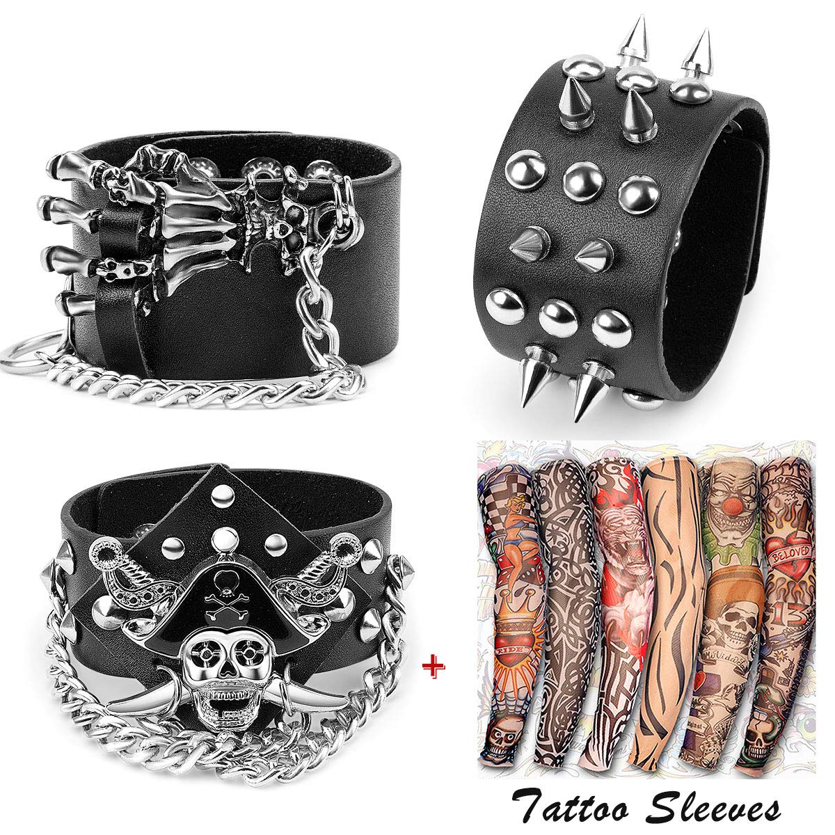 YARIEW 3 Pcs Spike Studded Rivet Punk Rock Biker Wide Strap Leather Bracelet Chain Wristband Rocker 80s Costumes for Men Adjustable + 6Pcs Temporary Tattoo Sleeves Halloween Party Favors Accessories