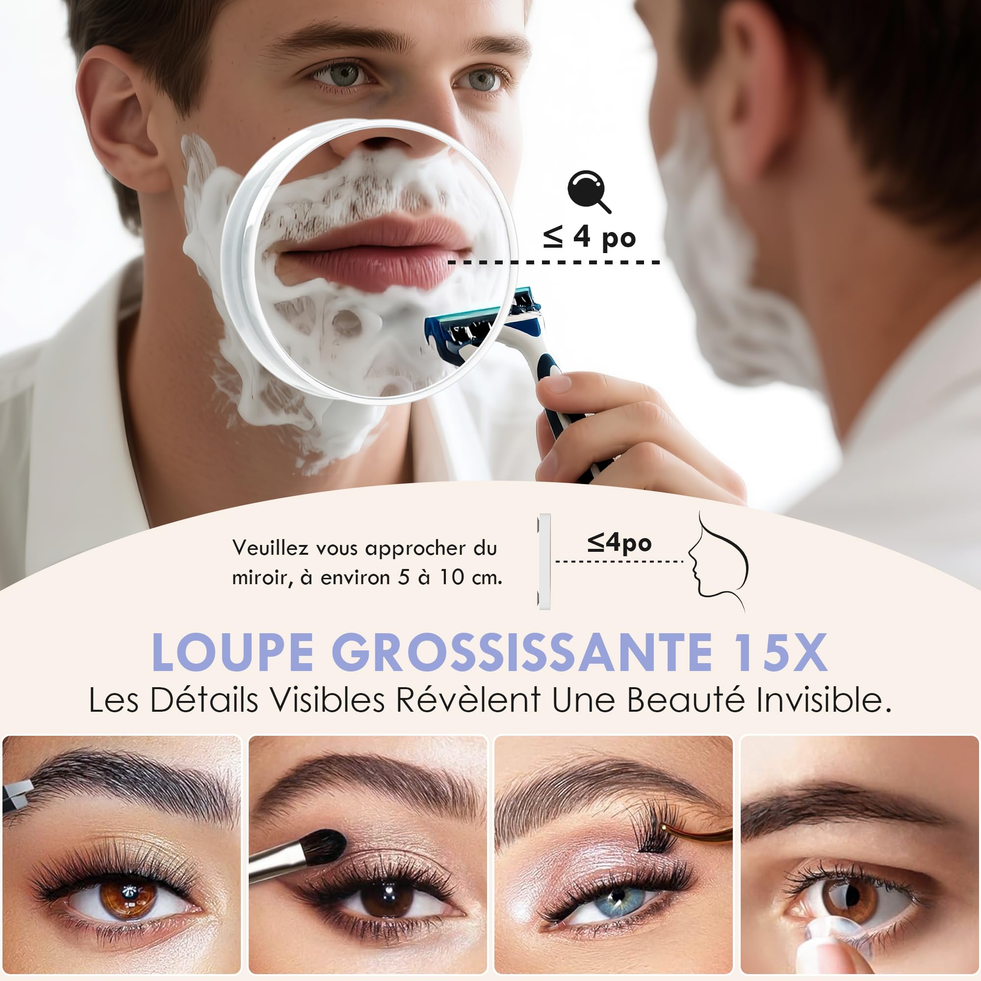 LuxeVue Miroir de Maquillage avec lumières, Miroir de Table 30x36 cm, 3 Modes d’éclairage réglables par capteur Tactile, Miroir grossissant Amovible 15X (Petit miroi Rond), Cadre en métal