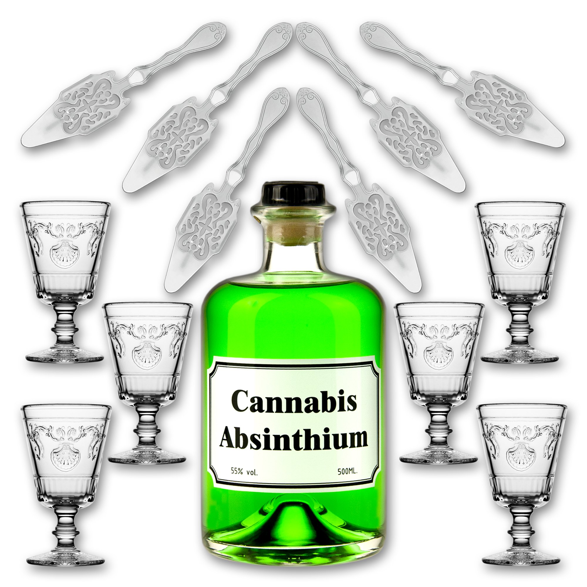 Cannabis Absinthium 0,5l - 55% vol. Alc. + 6x Absinth Glas "Versailles" 200ml + 6x Absinth Löffel "Antique"