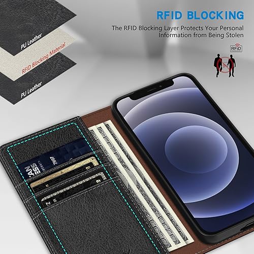 Miniatura 9 de ZZXX Funda tipo cartera para iPhone 1212 Pro con bloqueo RFID, soporte de ranura para tarjetas, funda protectora de cuero magnético fuerte plegable