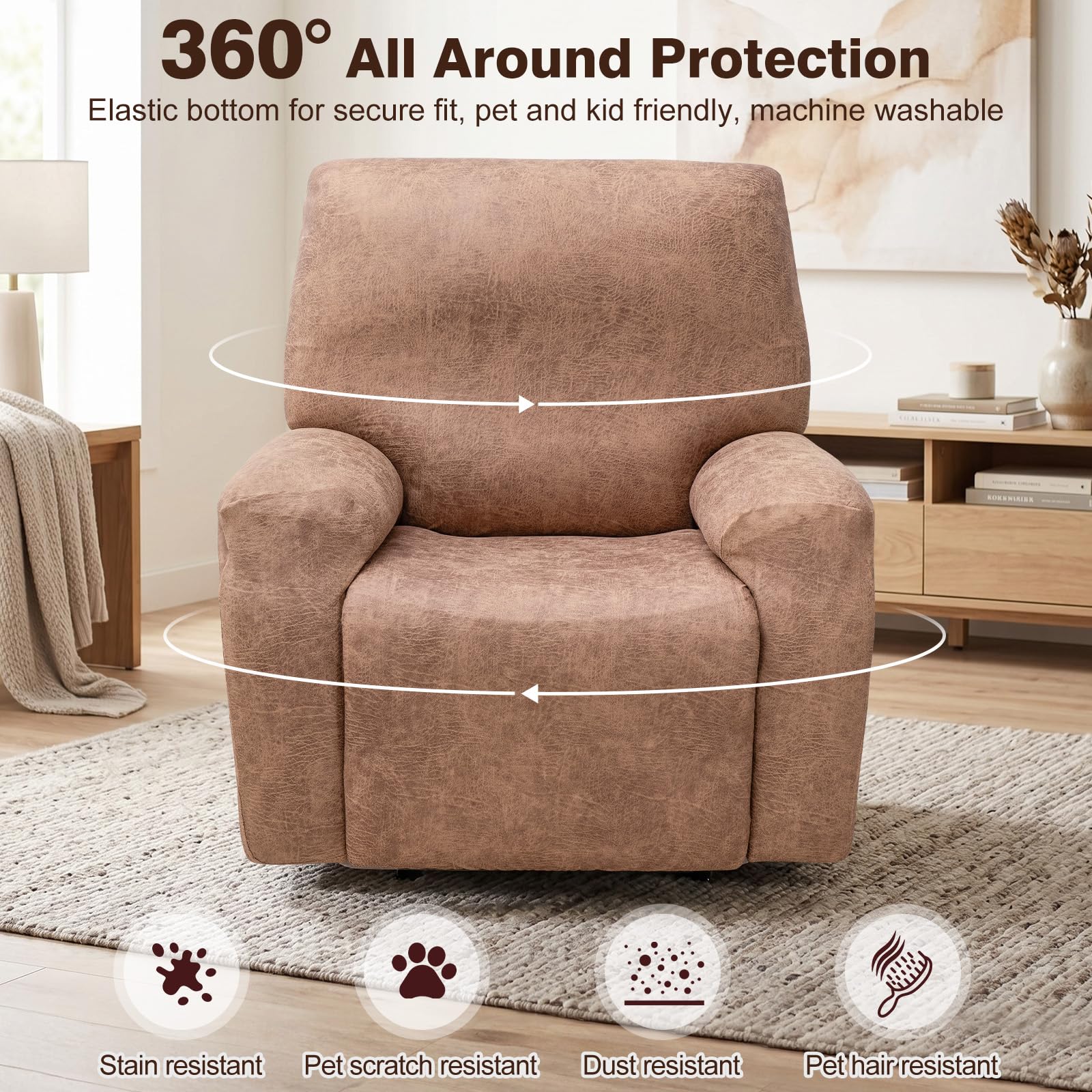 TOPCHANCES Copripoltrona Relax Reclinabile,4-Pezzo Fodera Per Poltrona Elasticizzato,Antigraffio Anti-Animali Per Poltrona Con Tasche Laterali,Estraibili E Lavabili Fodere Protettive,Beige,1 posto