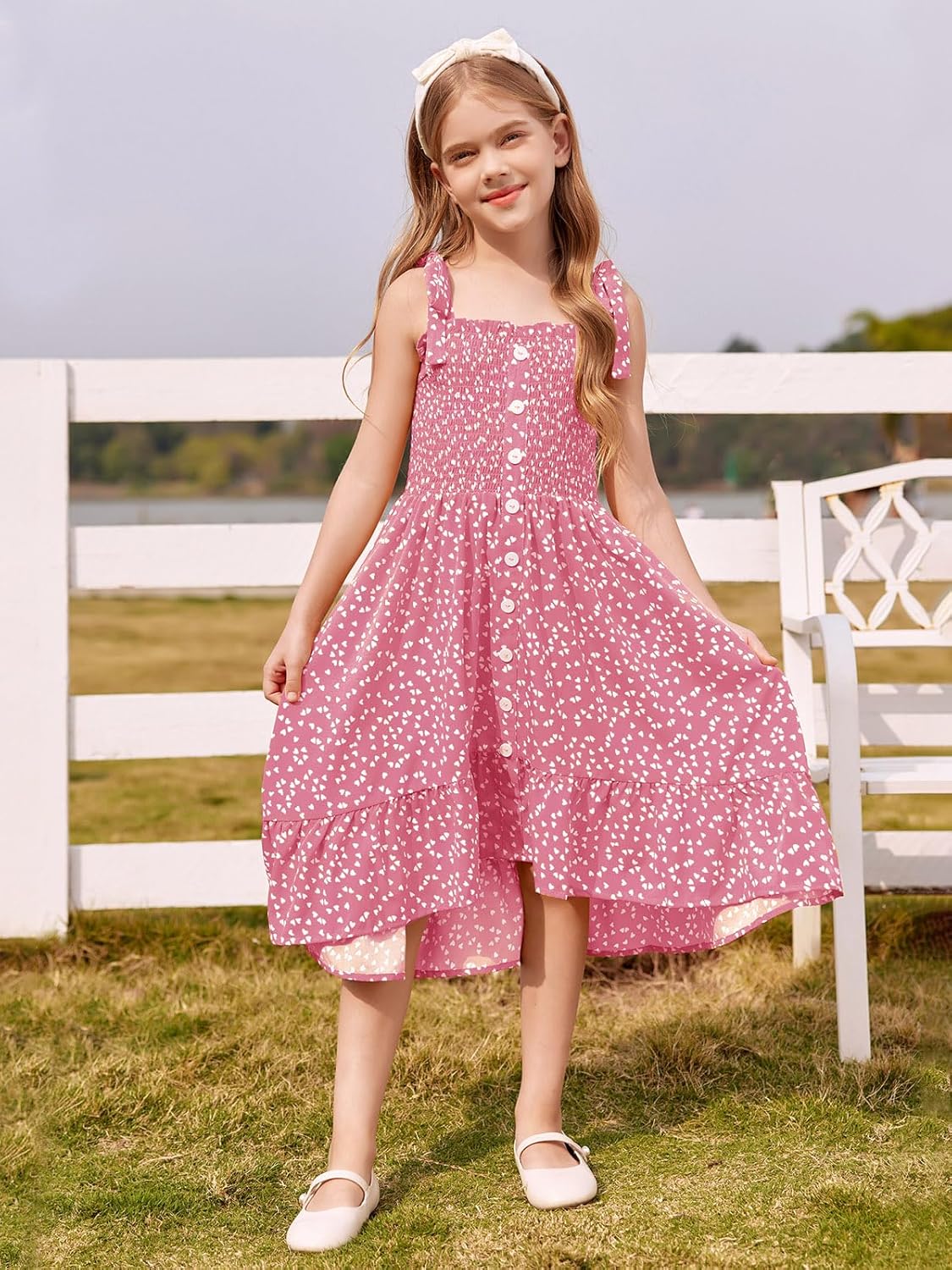 Girls Summer Dress Kids Sleeveless Tie Strap Boho Beach Midi Dress Smocked Ruffle Flowy Sundresses - Image 6