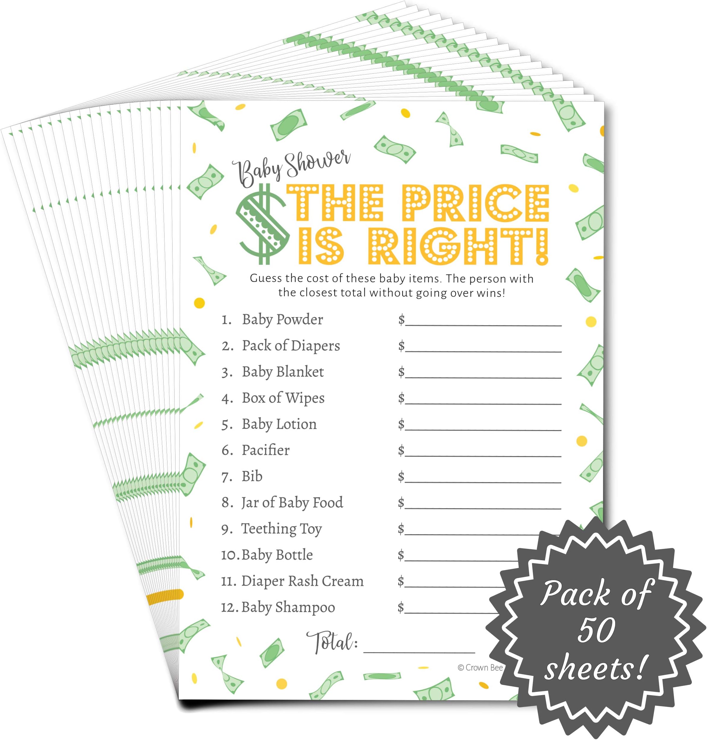 Price Is Right Baby Shower Game - Fun Baby Shower Game - Coed Baby Shower Game for Boys, Girls, or Gender Neutral - Set of 50