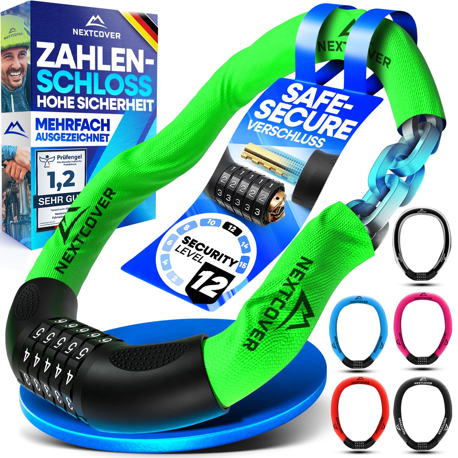 NEXTCOVER® Fahrradschloss mit Zahlencode LockPro - Das Original - [SAFESECURE] hohe Sicherheit I 5- stelliger Zahlencode, Zahlenschloss Fahrrad Stahl I Bike Lock für E-Bike I Kettenschloss