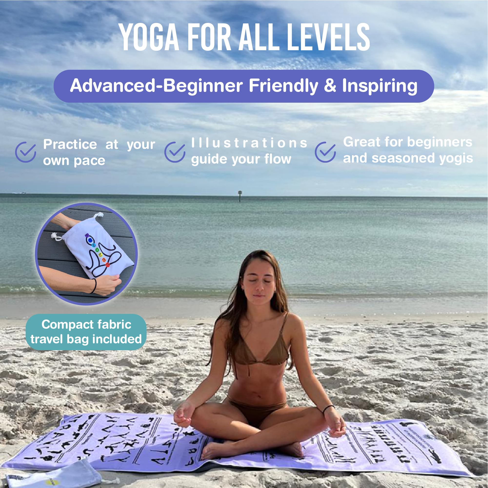 Yoga Towel Non Slip – Light Purple, Illustrated Yoga Poses, Absorbent Microfiber for Hot Yoga, Extra Long Quick-Drying Mat Towel, Full Mat Coverage, Ideal for Bikram, Vinyasa (LIGHT PURPLE)