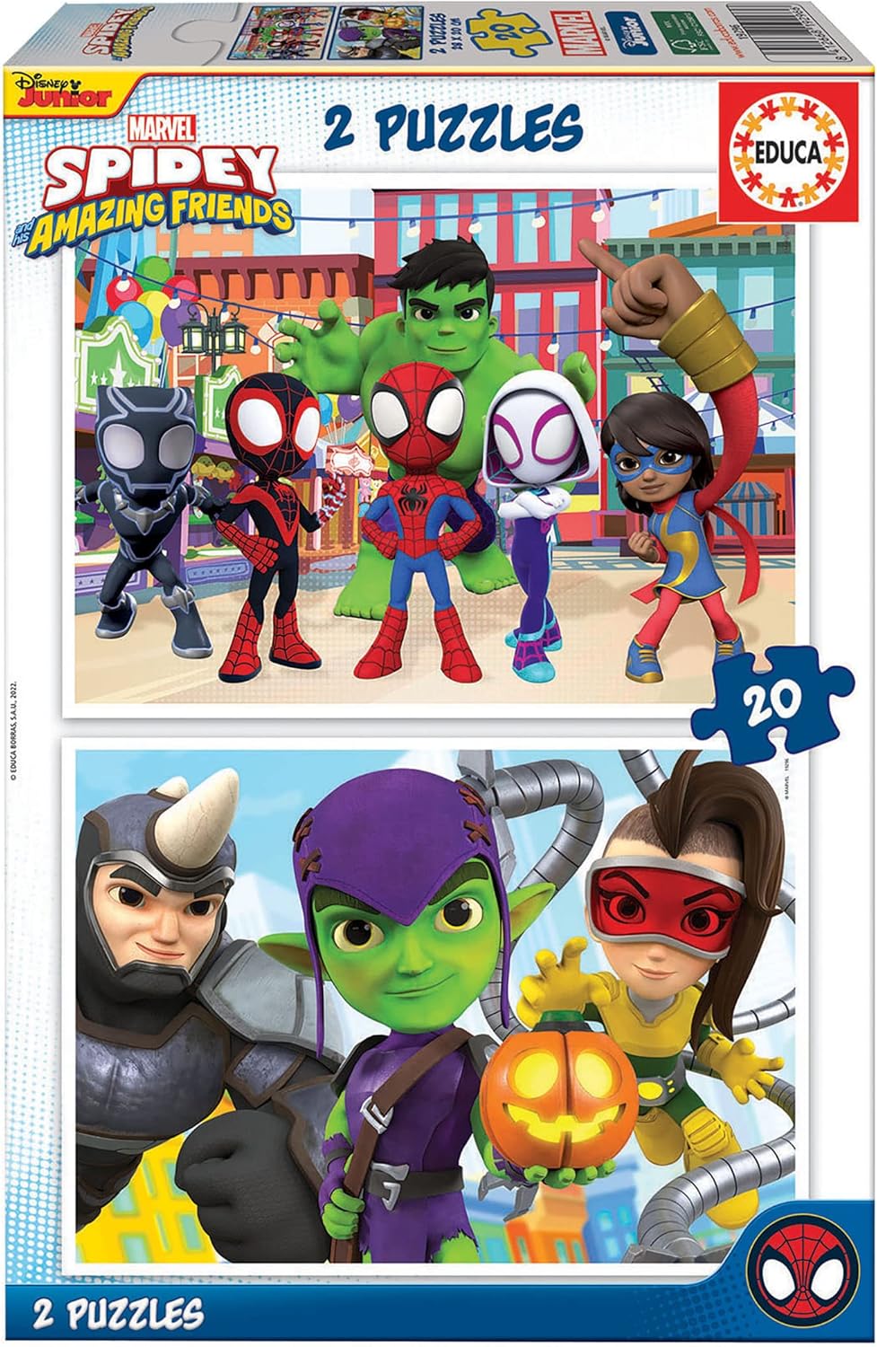 Educa - 2x20 Spidey & His Amazing Friends, 2 Cardboard Puzzles with 20 Pieces, Fun by Double Match, Approximate Measure of Each Puzzle: 28 x 20 cm, from 3 Years (19296)