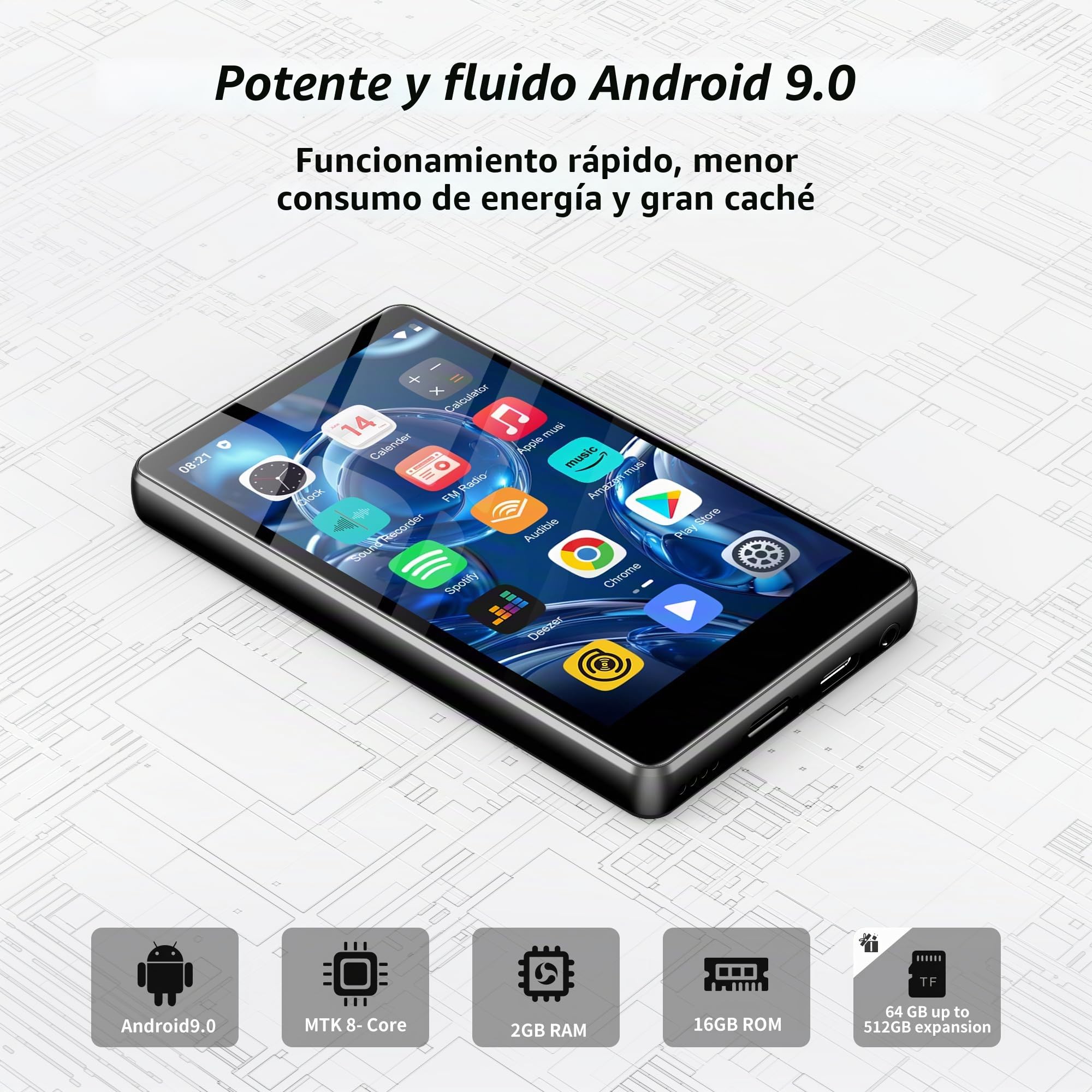SWOFY M503Pro Reproductor MP3 80GB, Android, WiFi, Bluetooth, Pantalla Táctil 4.0", Compatible con Spotify, Amazon Music, Audible, Libby, Navegador Web, Ampliable hasta 1TB - Negro