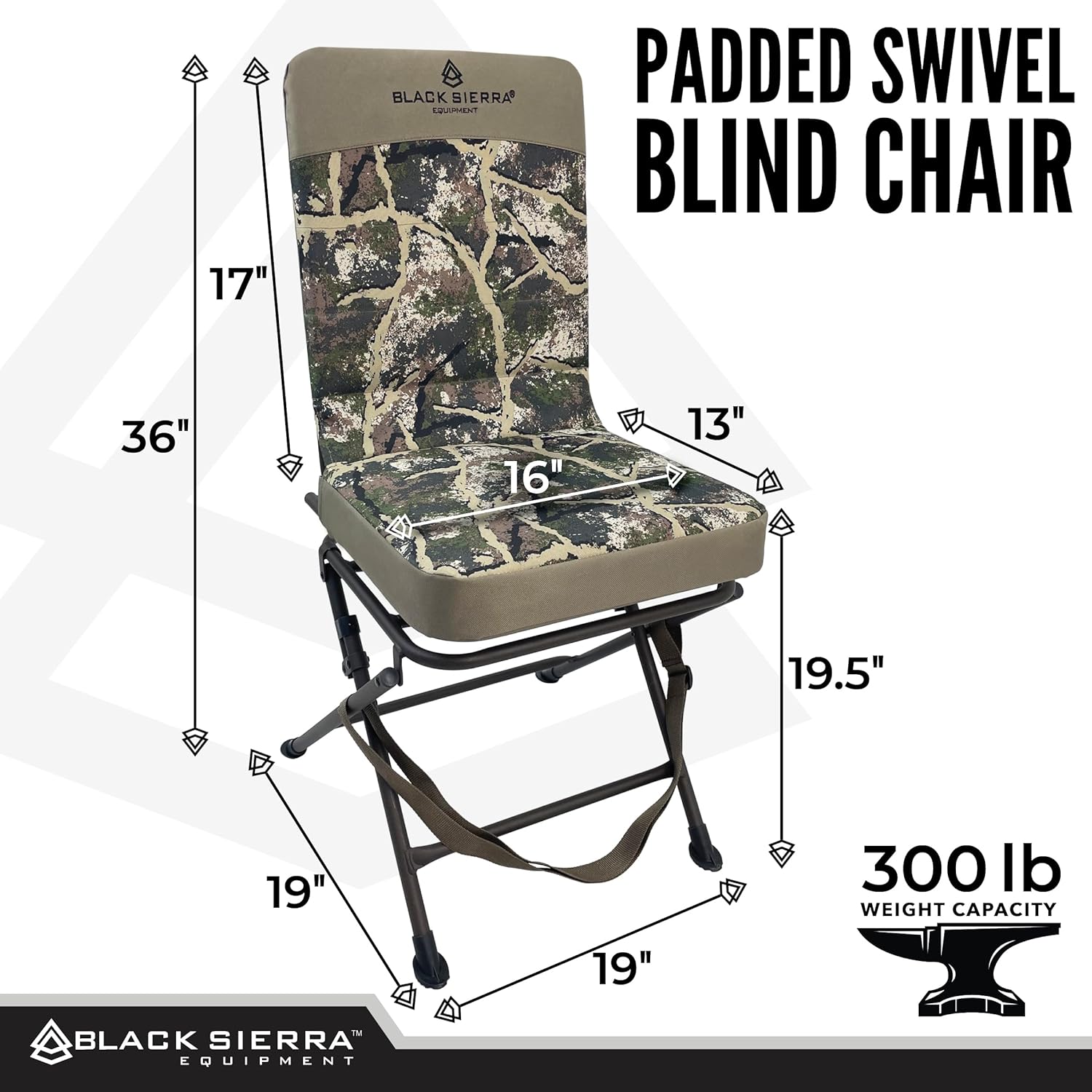 Black Sierra Padded Swivel Hunting Chair - 360 Silent, Heavy Duty, Supports 300 Lbs (Ranger Camo) - Image 2