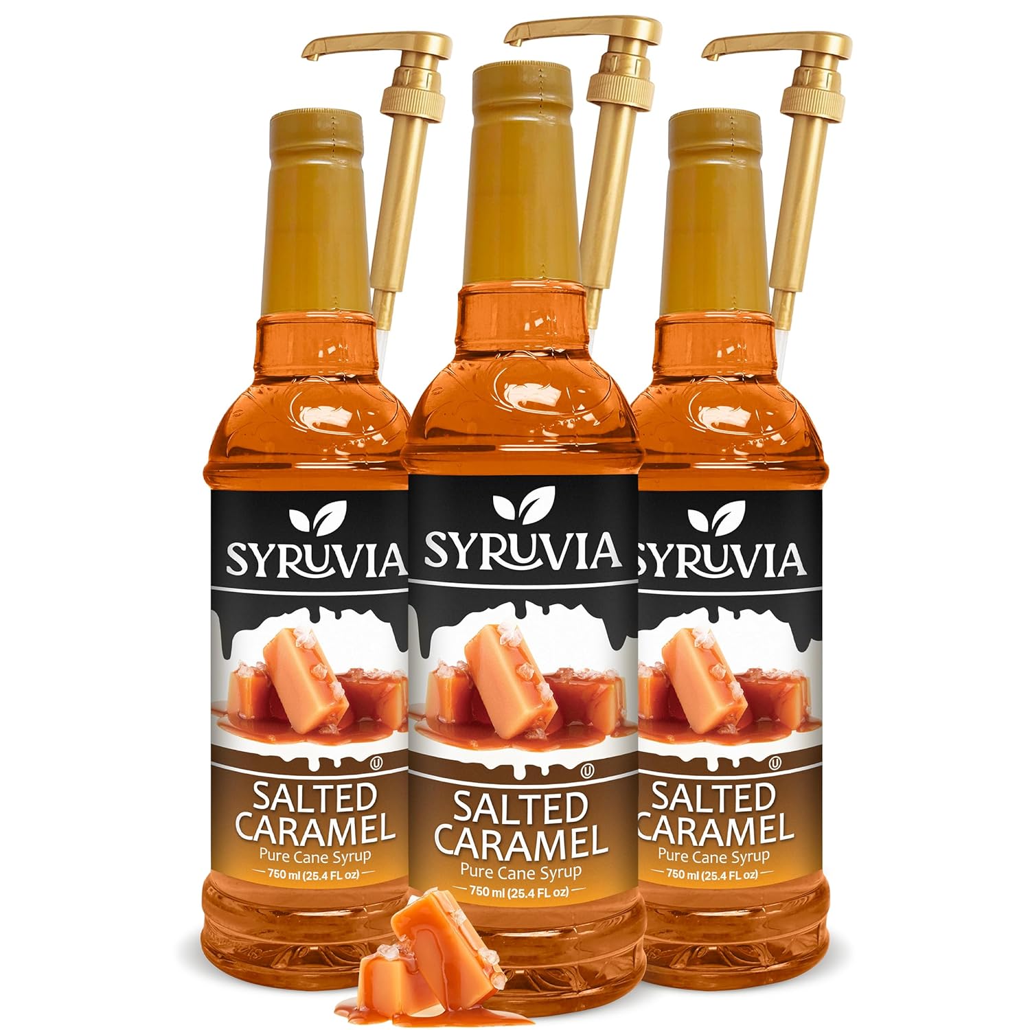 Syruvia Caramel Syrup - 25.4 fl oz. Premium Coffee Flavoring Syrup. Kosher, and Gluten-Free. Perfect for Enhancing Drinks, Sodas, Shakes, Desserts, and More With Pump (Pack of 3)