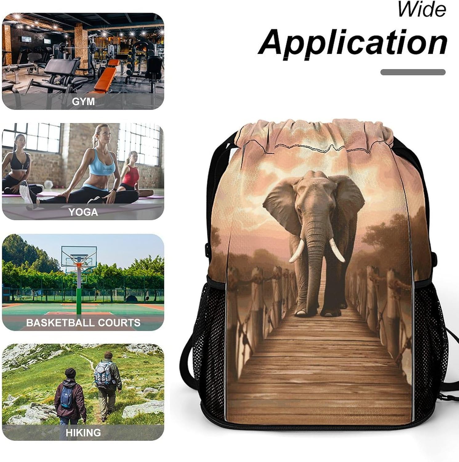 Drawstring Backpack Sports Gym Swim Bag with Shoes Compartment Elephant on A Bridge Stuff Sack
