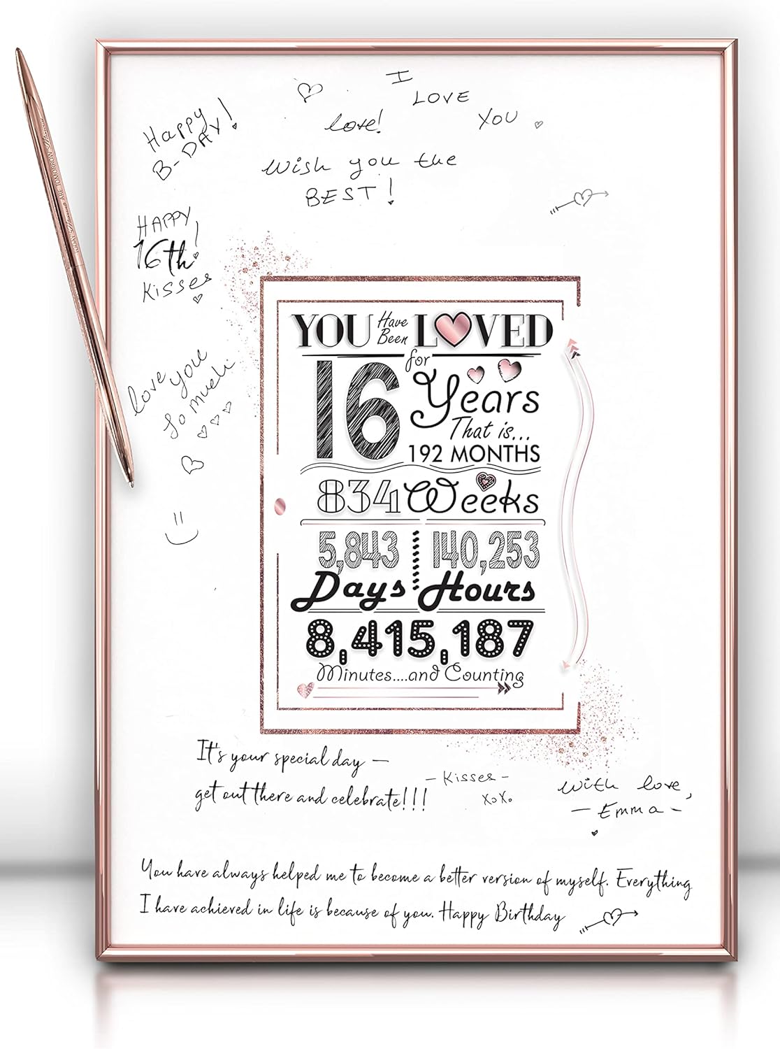 Sweet 16 Guest Book Alternative – Framed Rose Gold Birthday Sign-In Board 12x16, Includes Pen & Wall Hanger, Sweet Sixteen Party Decorations & Keepsake Gift for Girls