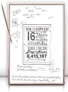 Framed Rose Gold Sweet 16 Birthday Decorations for Girl 12"X16" With Pen & Wall Hanger, 16th birthday decorations Party Favor Sign Poster, Guest Book Alternative, Great Sweet 16 Gifts for Girls