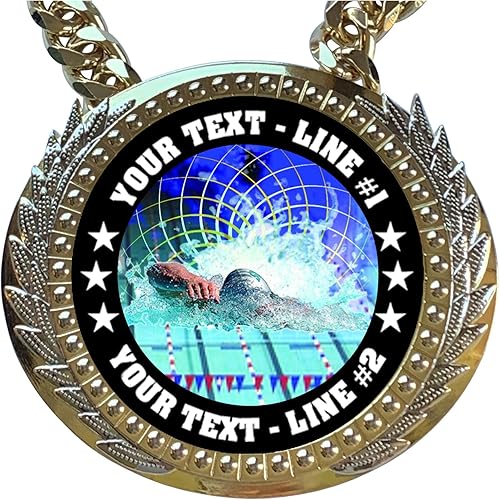 Miniatura 2 de Express Medals - Trofeo de cadena de campeón de natación con 2 líneas de texto personalizado personalizado en una medalla de premio grande y cadena