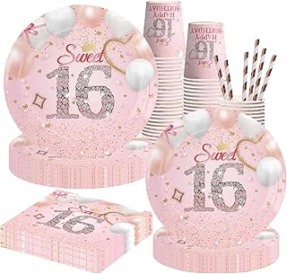 16th Birthday Party Supplies-Complete Pack 16th Birthday Party Tableware Set Including 16th Birthday Party Plates Cups Napkins Straws Serves 10 for Girl 16th Birthday Decorations