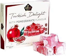 Cerez Pazari Turkish Delight with Pomegranate Flavour 230g, Gourmet Small Size Snacks Gift Box No Nuts Sweet Luxury Traditional Confectionery Vegan Candy Dessert Glucose Free Lokum