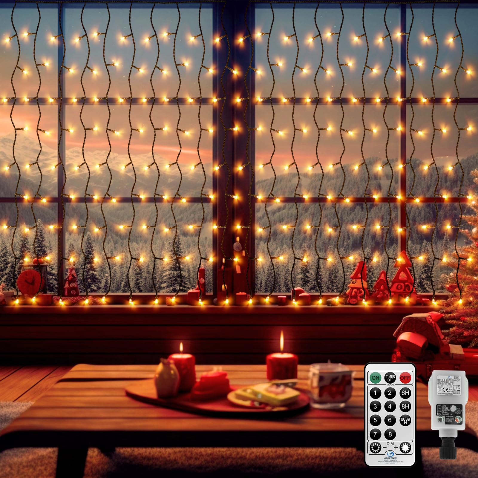 Cortina Luces Navidad Exterior,6 m x 1 m 300 LEDs para interiores y exteriores, luces de carámbano enchufables, cortina de fondo colgante, luces de pared de cascada con control remoto, cable