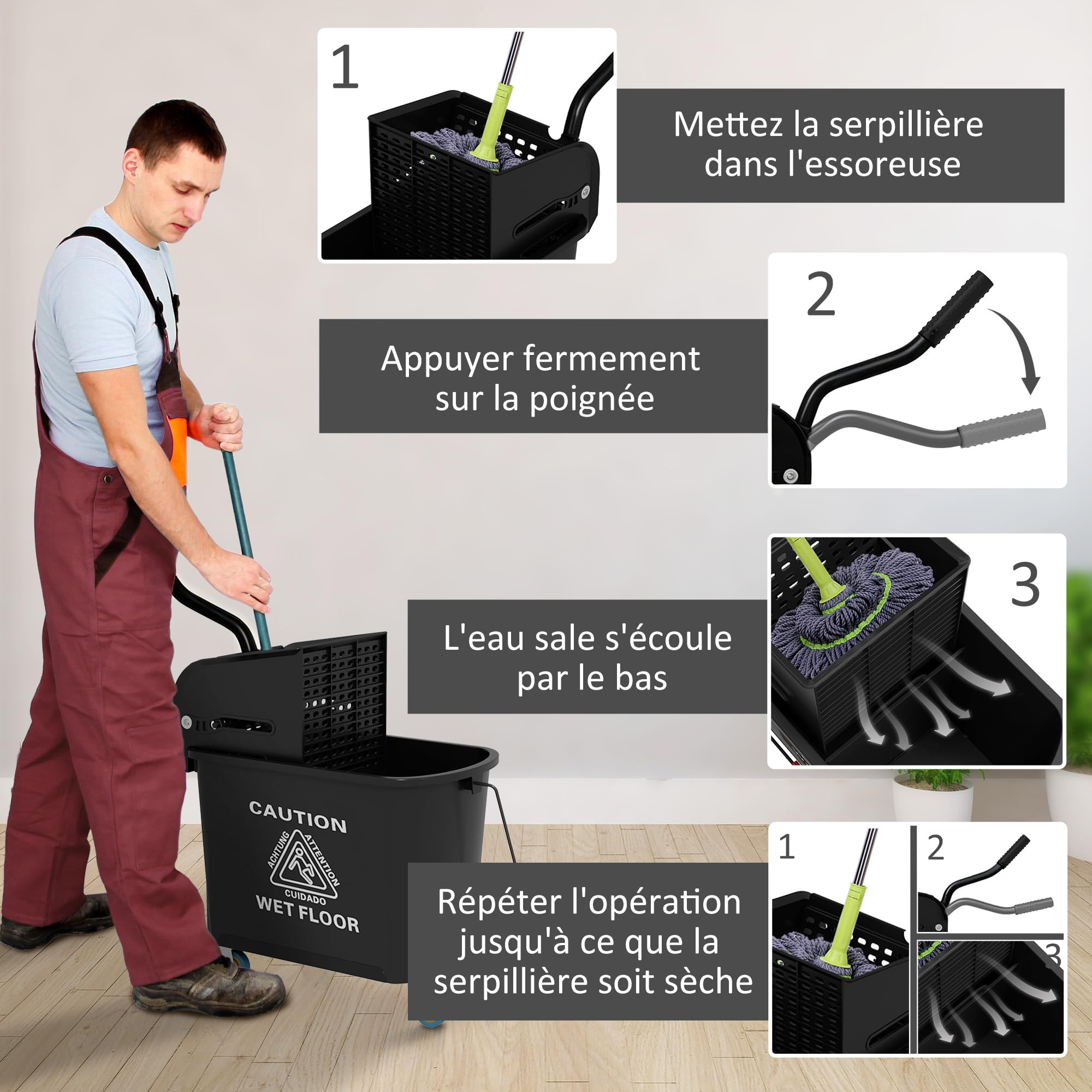 HOMCOM Wózek do czyszczenia wiadro domowe 20 l z wyciskarką i separatorem brudnej wody czarny 60 l x 27 l x 70,5H cm
