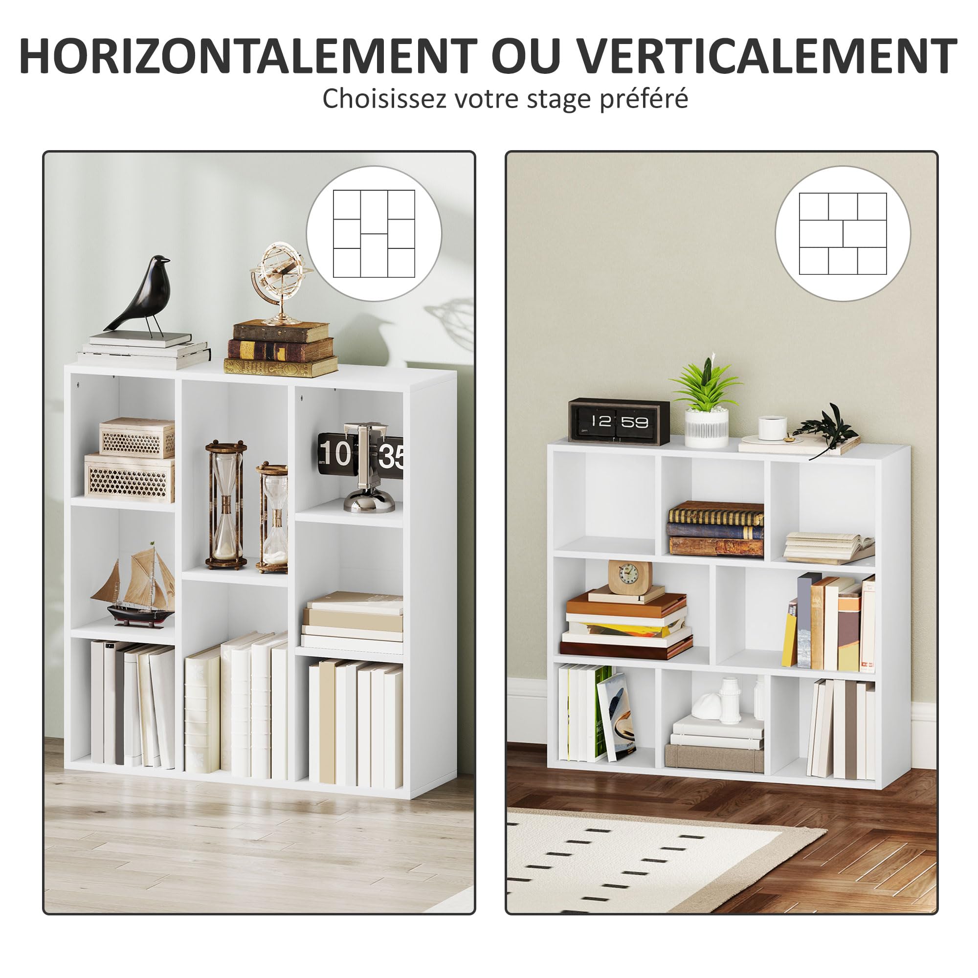 HOMCOM Bibliothèque, étagère de Rangement, Meuble de Rangement avec 8 Compartiments, pour Salon, Chambre à Coucher, Bureau, 74,3 x 24 x 80 cm, Blanc