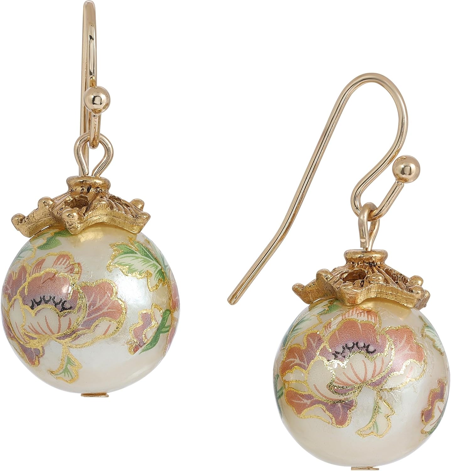 1928 Jewelry Women's 14K Gold Dipped Floral Faux Pearl Decal Wire Drop Earrings