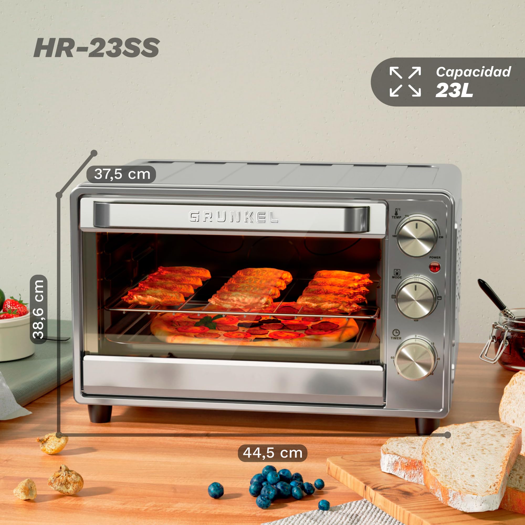Horno eléctrico multifunción de sobremesa de 28L a 63L con ventilación convección y 3 funciones de calor. Selector de temperatura hasta 230ºC. Temporizador hasta 60 min - de 1600W a 2300W