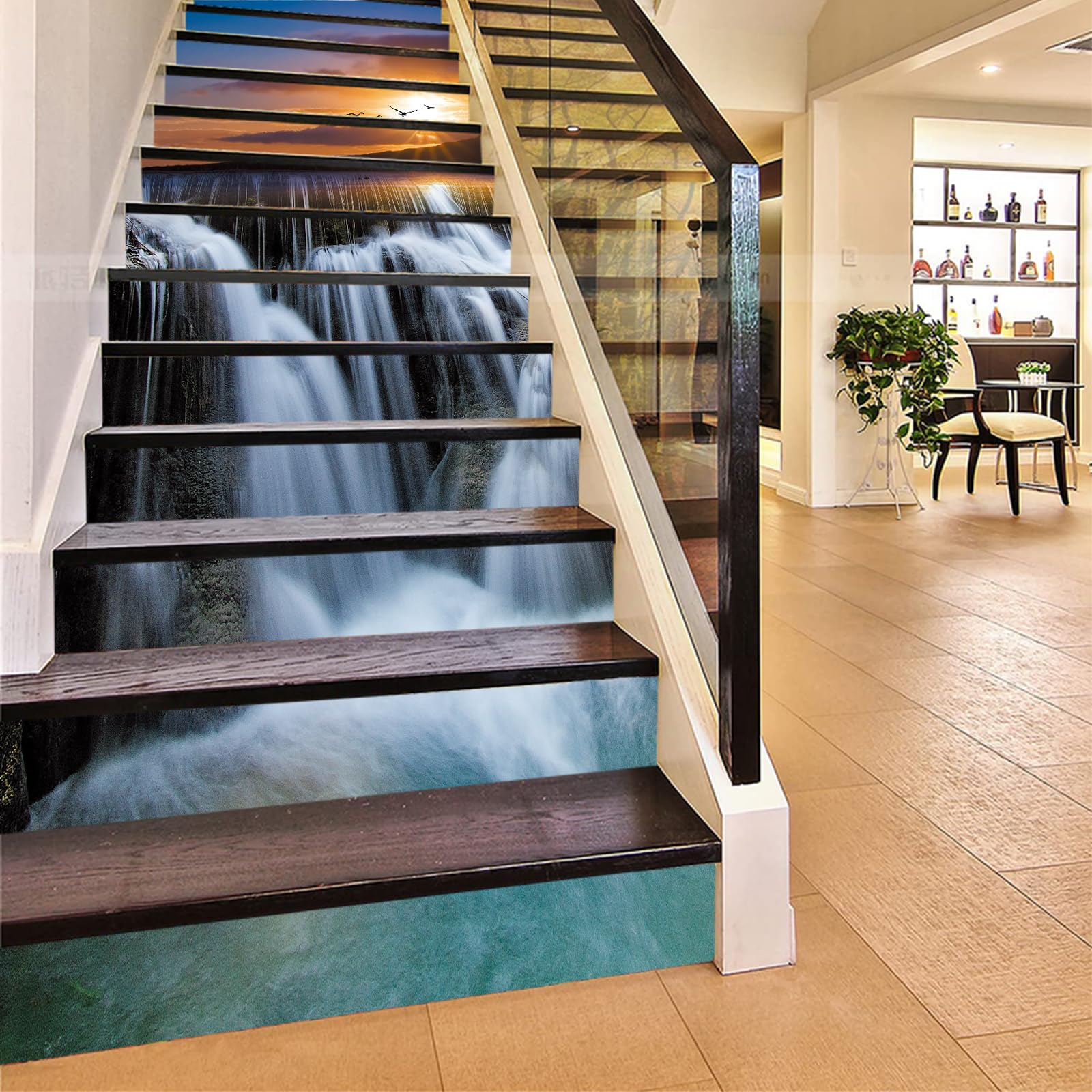 Flfk G1322 13Pcs Amazing Sunset Waterfall Staircase Sticker Peel And Sick 39.37"X7.08",Self-Adhesive Stair Risers Stickers Decals Mural Wallpaper For Home Decor