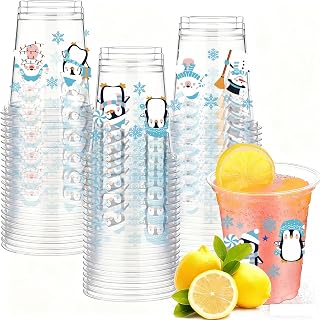 50 Pcs Christmas Snowman Plastic Cups Disposable Snowflake Party Cup Clear PET Drinking Cups for Xmas Winter Birthday Party Juice Beverage Drinkware Table Decor Supplies,12Oz Blue