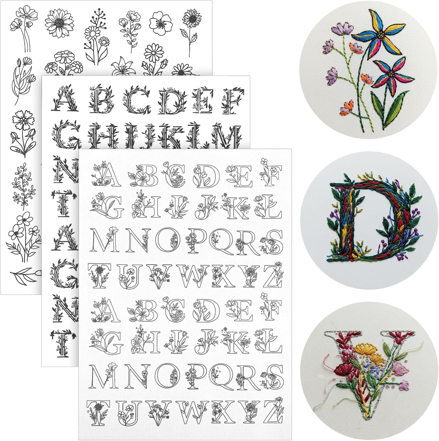 LXUEJIE 3 Sheets Stick and Stitch Embroidery, 140 Pcs Water Soluble Embroidery Patterns, Wash Away Pre-Printed Floral Alphabet Transfers for Hand Sewing Beginners DIY Gift