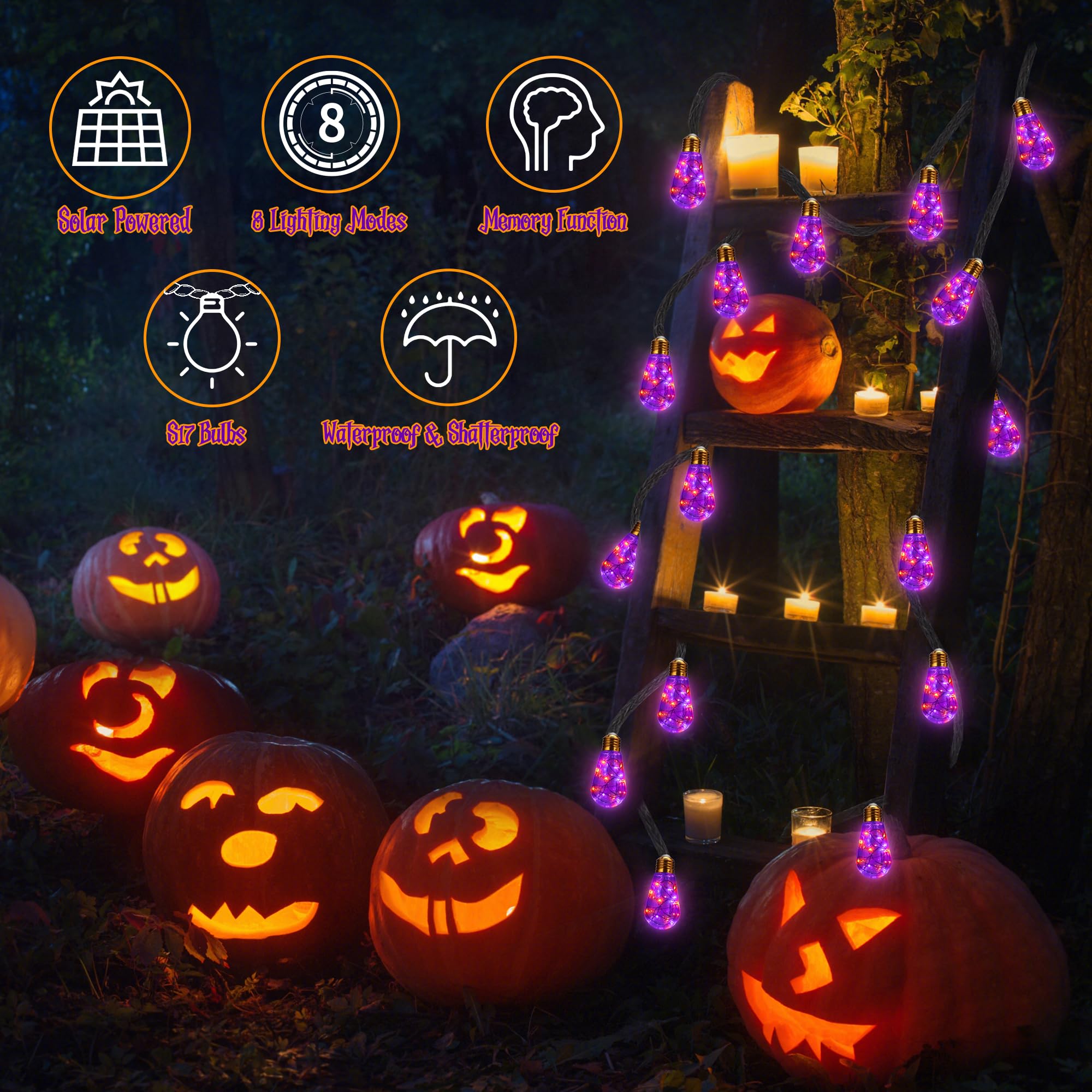 Geemoo Halloween Decorazioni Esterno, 8M 160LED Luci Stringa Solare con 16 Lampadine,Arancia Viola Catena Luminosa con Impermeabile, 8 Modalità, per Halloween Giardino Balcone Patio Festa Interno