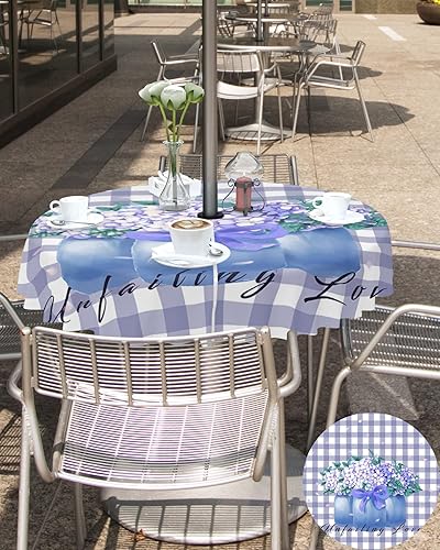 Miniatura 5 de Mantel redondo para exteriores de 60 pulgadas, diseño rústico de hortensias moradas con agujero para paraguas, mantel con cremallera, impermeable,