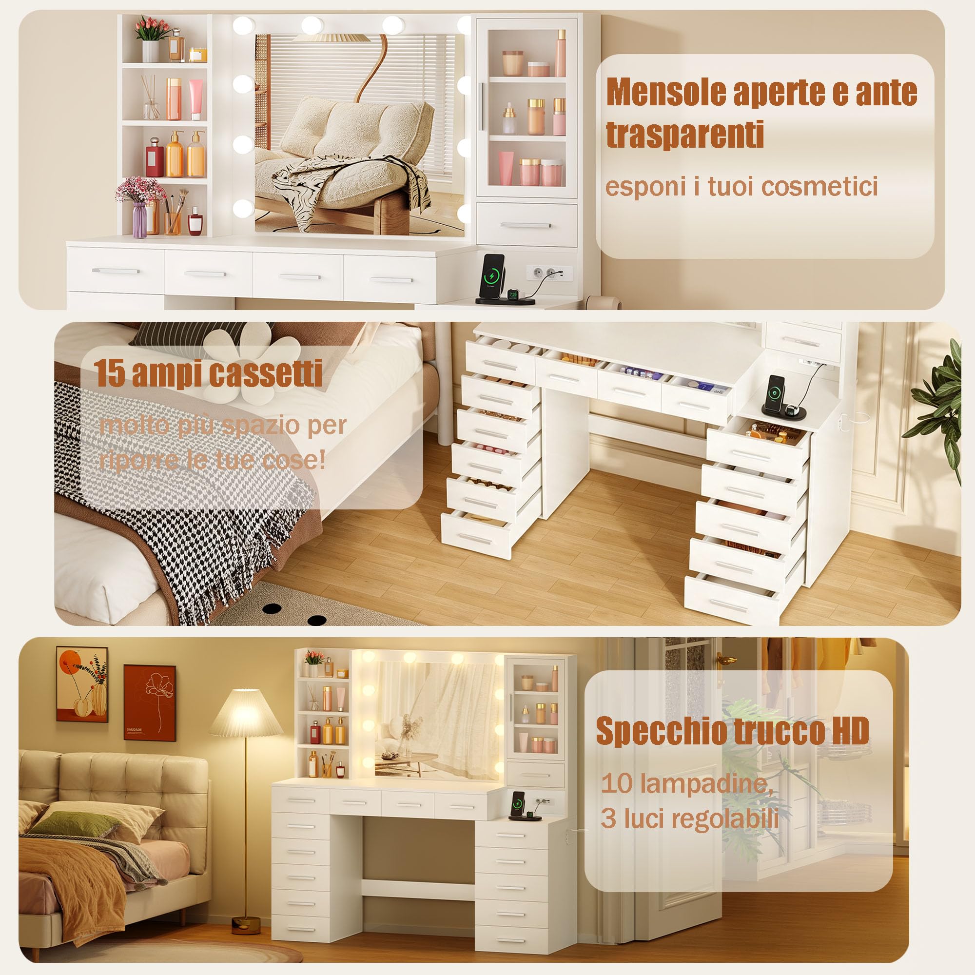 ANWBROAD Grande Toeletta con Specchio e Luci, Luminosità Regolabile, Bianco | Toeletta Trucco con Prese, Tavolo da Trucco con 15 Cassetti e 7 Ripiani Aperti per Camera da Letto Postazione Trucco BDT37W