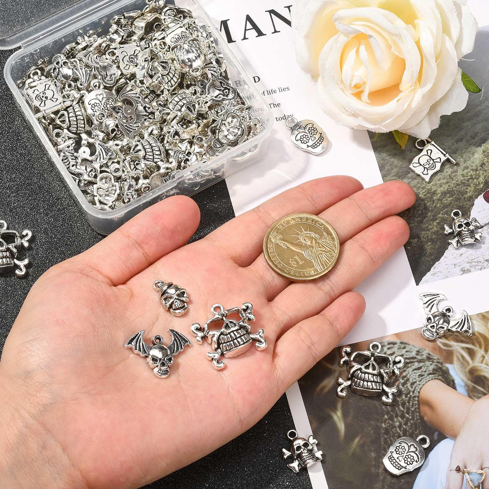 Stiesy 100Pcs 10 Styles Antique Silver Tibetan Style Skeleton Charms - Vintage Gothic Skull for DIY Halloween Jewellery Making Crafts - Image 3