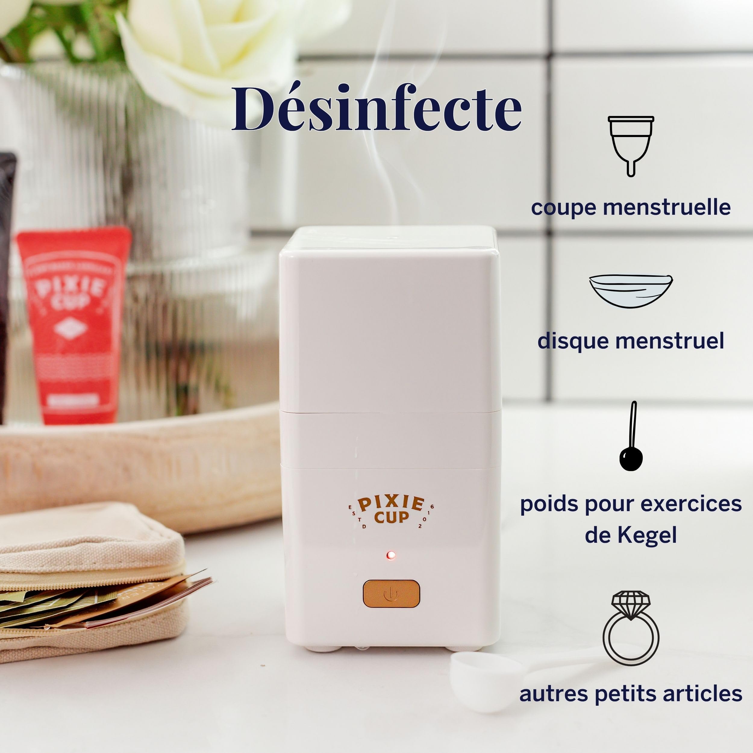 Pixie – Stérilisateur vapeur pour coupe menstruelle – Nettoyez votre cup et éliminez 99,9% des germes grâce à la vapeur – 3 minutes pour une cup stérile ! Minuteur avec arrêt automatique