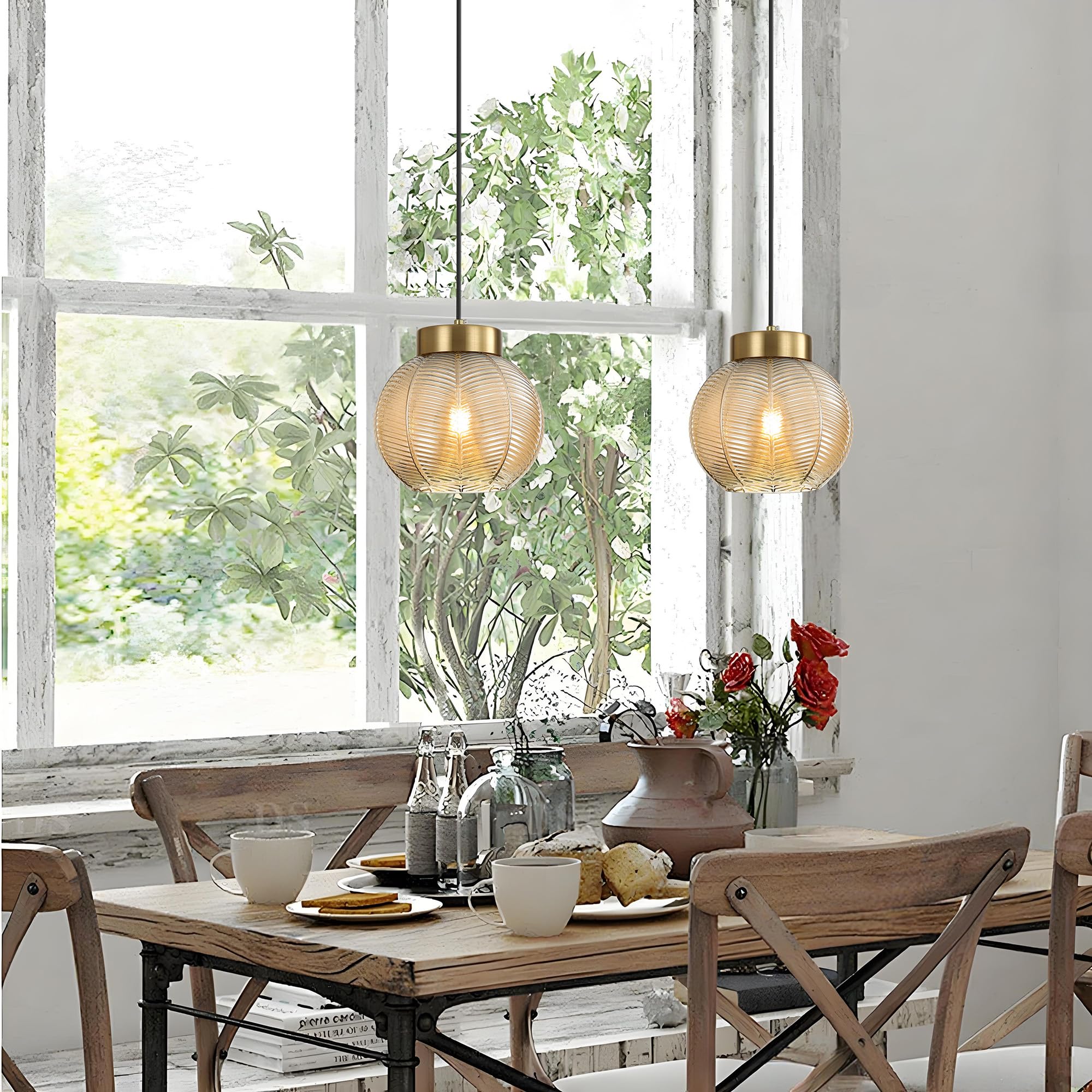 Suspension Luminaire Moderne à Boule de Verre de 20cm en Finition Dorée, Lampe Suspendu Hauteur Réglable E27 Lustre pour Salle à Manger,Salon,Chambre,Cuisine (Ambre)